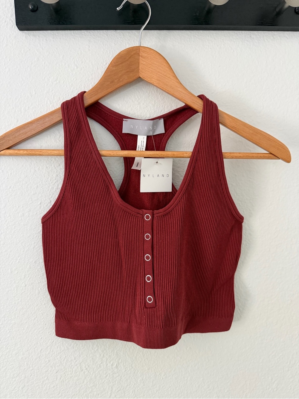 N.Y.L.A. Ribbed Henley Racerback Crop Tank in Burgundy Red